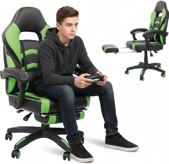 SnelShoppen - Ergonomische Gaming Chair met Voetsteun, Zwart, Groen, Racing Stoel, Kantoormeubel, Executive Stoel, Draaiende Sportstoel, Voor Thuis en
