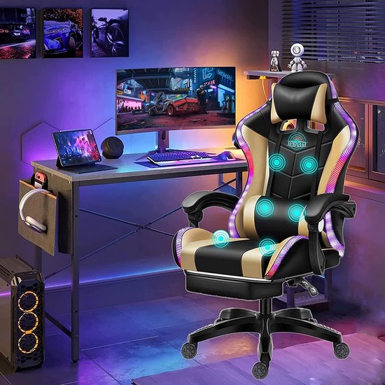 SnelShoppen - Ergonomische Gaming Stoel met Luidsprekers, RGB LED Verlichting, Lendensteun en Voetsteun, Massage Gaming Chair voor Game Recreatie Kame