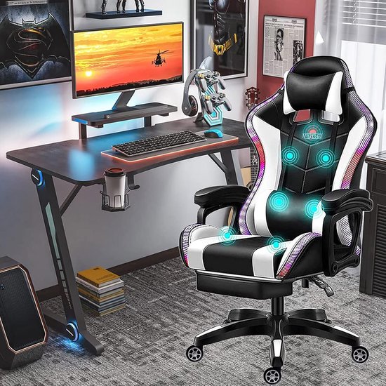 SnelShoppen - Ergonomische Gaming Stoel met Luidsprekers, RGB LED Verlichting, Lendensteun en Voetsteun, Massage Gaming Stoel voor Game Recreatieruimt