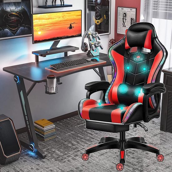 SnelShoppen - Ergonomische Gaming Stoel met Massagefunctie, Computerstoel met Voetsteun, Hoge Rug Gamingstoel, Verstelbare Kantoorstoel, Rood, Groot e