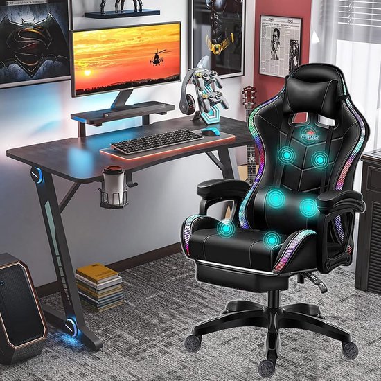 SnelShoppen - Ergonomische Gaming Stoel met Massagefunctie en Voetsteun - Grote en Hoge Gaming Stoel voor Volwassenen - Verstelbare Kantoorstoel met R