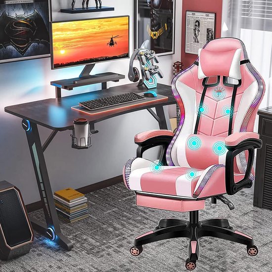 SnelShoppen - Ergonomische Gaming Stoel met Speakers, RGB LED Licht, Lendensteun en Voetsteun, Massage Gaming Chair voor Game Recreatie Kamer, Roze