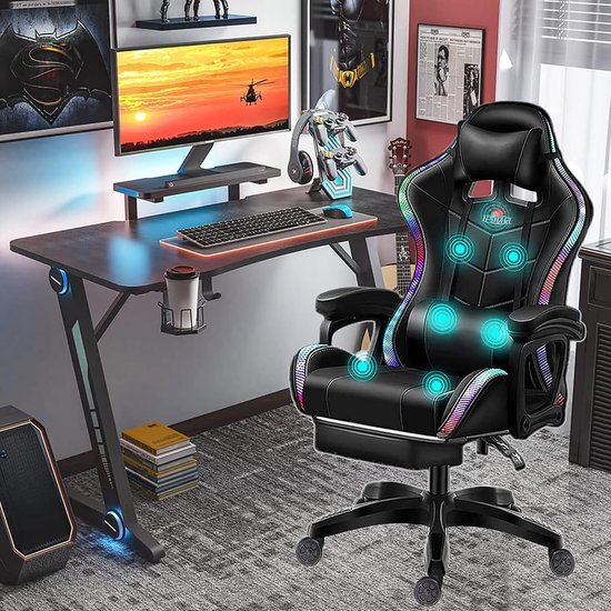 SnelShoppen - Ergonomische Gaming Stoel met Speakers, RGB LED Verlichting, Lendensteun en Voetsteun, Massagestoel voor Volwassenen, Zwart