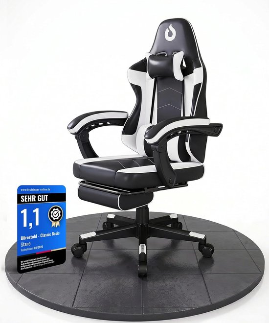SnelShoppen - Ergonomische Gaming Stoel met Uittrekbare Voetsteun, Sterke 5-Ster Basis, 360° Draaiwielen, PU Leer, Verstelbare Hoogte, Nek Kussen - Wi