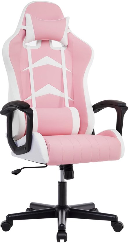 SnelShoppen - Ergonomische Gaming Stoel met Verstelbare Hoofdsteun en Lumbaalkussen, Hoge Rugleuning, Roze Bureaustoel voor Thuis en Kantoor, Comforta
