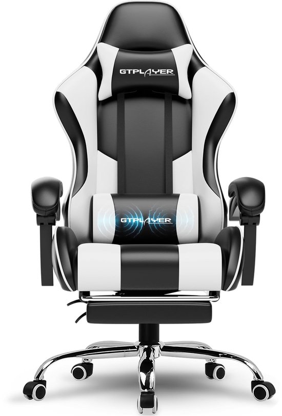 SnelShoppen - Ergonomische Gaming Stoel met Voetensteun, Hoofdsteun en Lendenkussen - Draaistoel - Gevoerde Bureaustoel - Wit - Voor Thuis en Kantoor