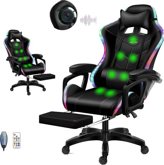 SnelShoppen - Ergonomische Gaming Stoel met Voetsteun, LED Verlichting en Luidsprekers, Hoog Rug Racing Stoel met Hoofdsteun en Lendensteun, Zwart, Pe