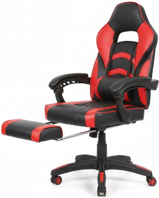 SnelShoppen - Ergonomische Gaming Stoel met Voetsteun, Zwart/Rood, Racing Stoel, Kantoorstoel, Managerstoel, Draaisteel voor Gaming en Thuiswerk