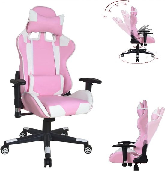 SnelShoppen - Ergonomische Gaming Stoel Thomas - Gaming Chair in Roze/Wit - Ideaal voor Thuis, Kantoor, Gaming Setup, Comfortabel, Aanpasbaar, Met Arm