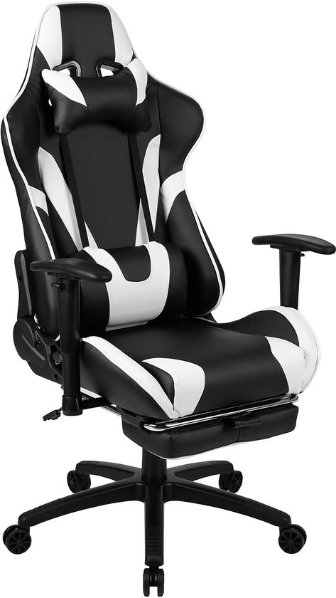 SnelShoppen - Ergonomische Gaming Stoel voor PC en Bureaustoel - Verstelbare Racestoel met Volledig Verstelbare Rugondersteuning - Zwart met Witte Ran