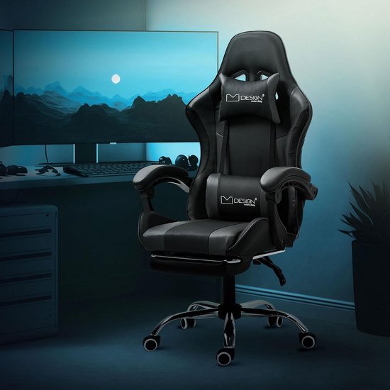 SnelShoppen - Ergonomische Gaming Stoel - Zwart-Grijs - PU Leer - Verstelbare Draaisteun - Race Gamer Stoel met Armleuning, Hoofdsteun, Lendenkussen e