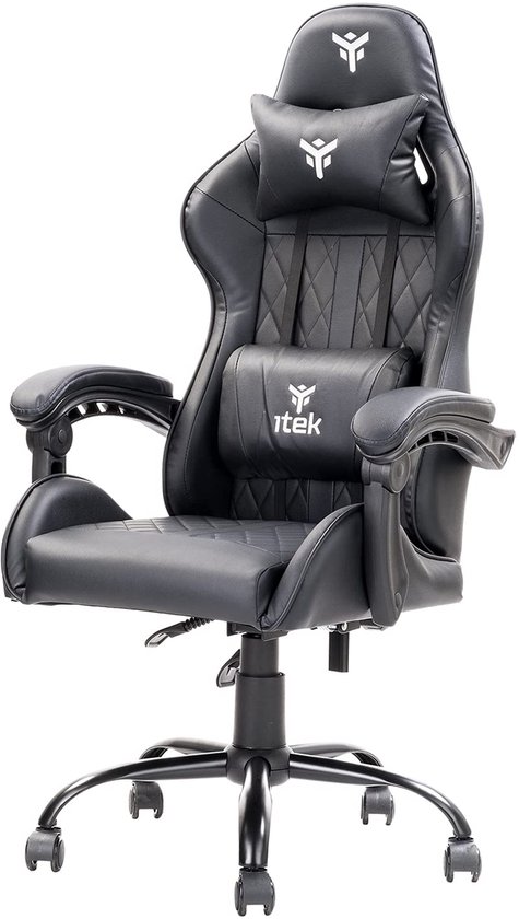 SnelShoppen - Ergonomische Gamingstoel, Bureaustoel, Studiestoel, PU-leer, Zwart, Met Rugleuning, Hoofdsteun en Lendensteun, Perfect voor Gaming en We