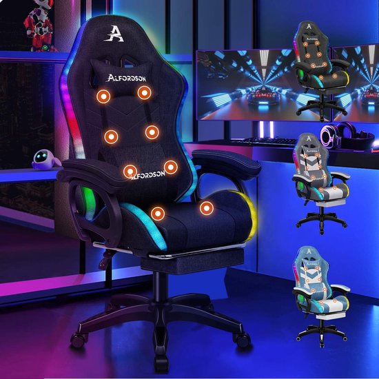 SnelShoppen - Ergonomische Gamingstoel met 8-punts Massage, 12 Kleuren RGB LED-verlichting, Voetensteun, Hoofdsteun en Lendensteun, Stof, Zwart voor K
