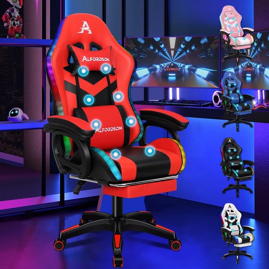 SnelShoppen - Ergonomische gamingstoel met 8-punts massage, RGB LED-verlichting in 12 kleuren, PU-leer, voetensteun en hoofdsteun voor kinderen en vol
