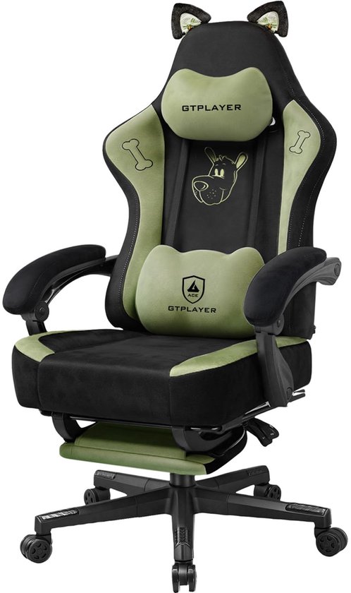 SnelShoppen - Ergonomische Gamingstoel met Fluwelen Stof, Kattenoren, Traagschuim, Voetensteun, Tot 150 kg, Groene Bureaustoel voor Thuis en Gaming