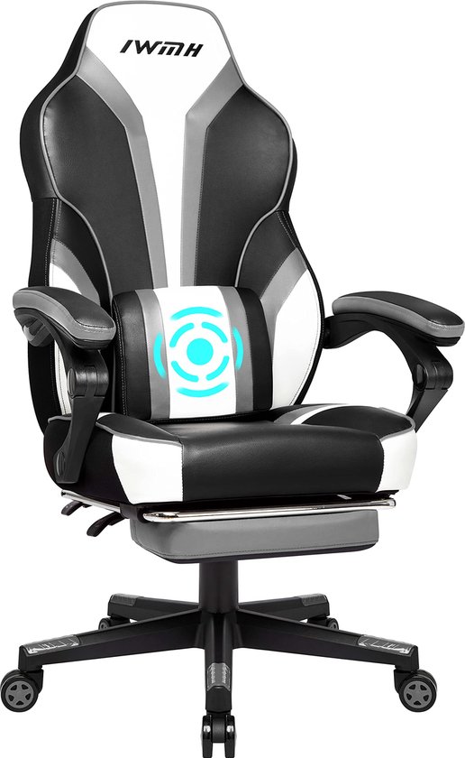 SnelShoppen - Ergonomische Gamingstoel met Hoge Rugleuning, Gevoerde Zitting, Inklapbare Voetsteunen, Verstelbare Armleuningen - Grijs - Bureaustoel v