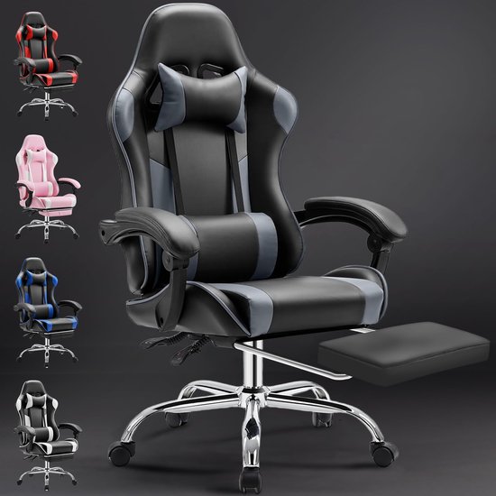 SnelShoppen - Ergonomische Gamingstoel met Voetensteun, Ademend PC Stoel, Verstelbaar Lendenkussen, Hoofdkussen en Armleuningen, Belastbaar tot 150 kg