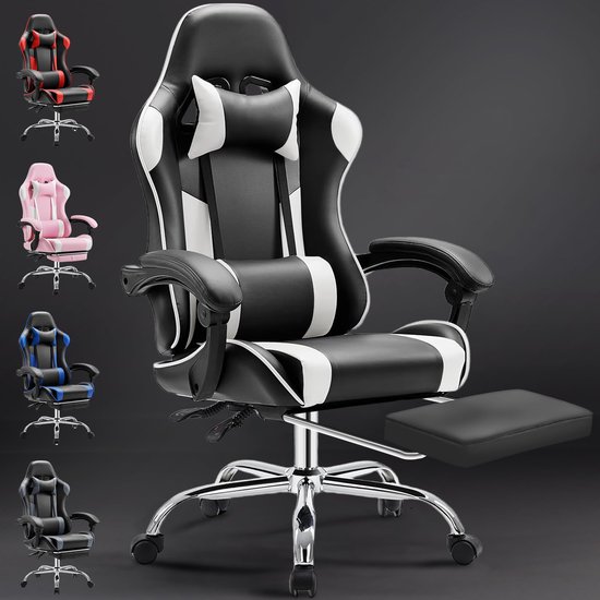 SnelShoppen - Ergonomische Gamingstoel met Voetensteun, Ademend, Verstelbaar Lendenkussen, Hoofdkussen en Armleuningen, Draaistoel tot 150 kg