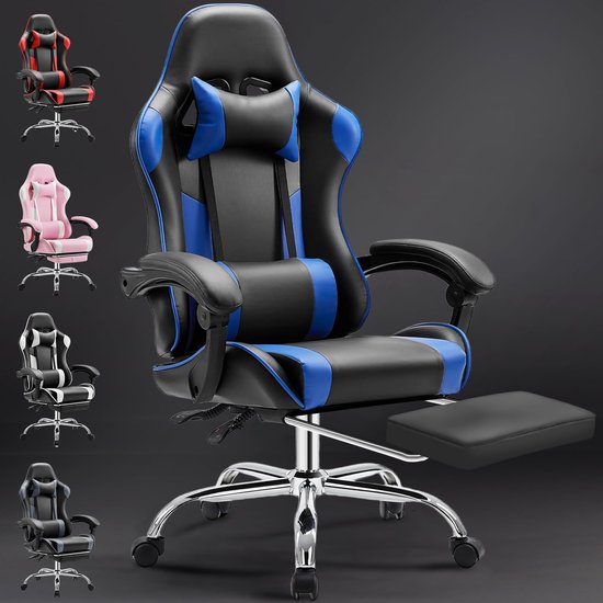 SnelShoppen - Ergonomische Gamingstoel met Voetensteun, Verstelbaar Lendenkussen, Hoofdkussen, Armleuningen, Tot 150 kg Belastbaar, Draaistoel voor PC