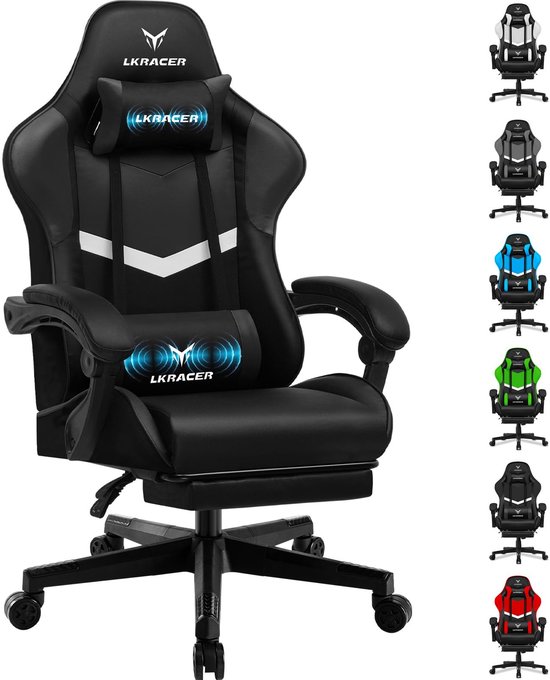SnelShoppen - Ergonomische Gamingstoel met Voetensteun, Verstelbare Lendenkussen en Hoofdkussen, Bureaustoel voor Thuis en Kantoor, Zwart, Belastbaarh