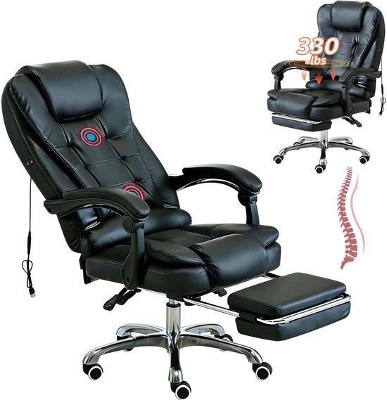 SnelShoppen - Ergonomische Gamingstoel met Voetsteun, Hoge Rug, Lederen Bureaustoel, Comfortabele Executive Ligstoel met 2-Punts Massage, 360° Draaiba