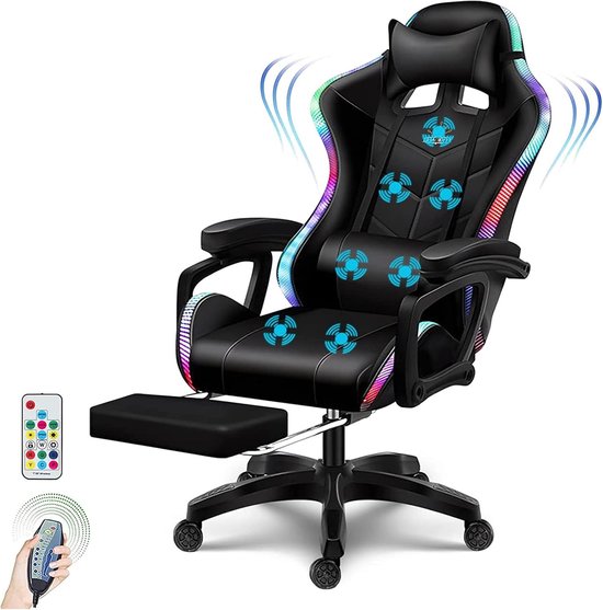 SnelShoppen - Ergonomische LED Gaming Stoel met Speakers PU Leer Computer Stoel voor Tieners en Volwassenen Hoge Rug Massage Bureaustoel met Voetsteun