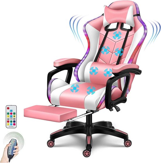SnelShoppen - Ergonomische LED Gaming Stoel met Speakers PU Leer Computerstoel voor Tieners en Volwassenen Hoge Rug Massage Bureau Stoel met Voetenste