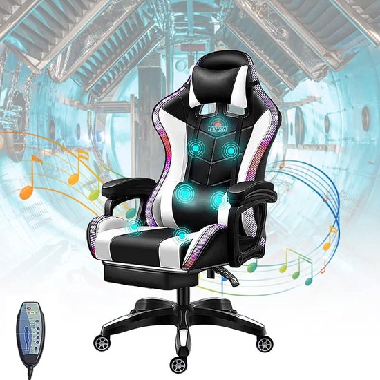 SnelShoppen - Full Massage Gaming Stoel met Voetensteun, LED Gamer Stoel met Speakers en Lendensteun, PU Leer Racing Draaistoel voor Volwassenen en Ti