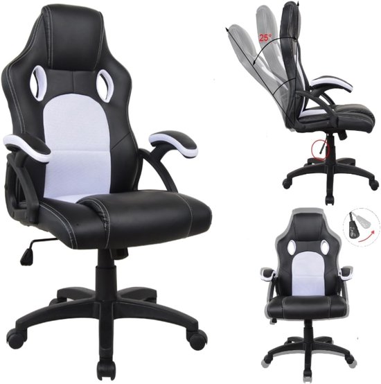 SnelShoppen - Game Chair Wouter Junior Kantoorstoel - Racing Gaming Stijl - Hoogte Verstelbaar - Zwart Wit - Ergonomisch - Ideaal voor Kinderen en Jon