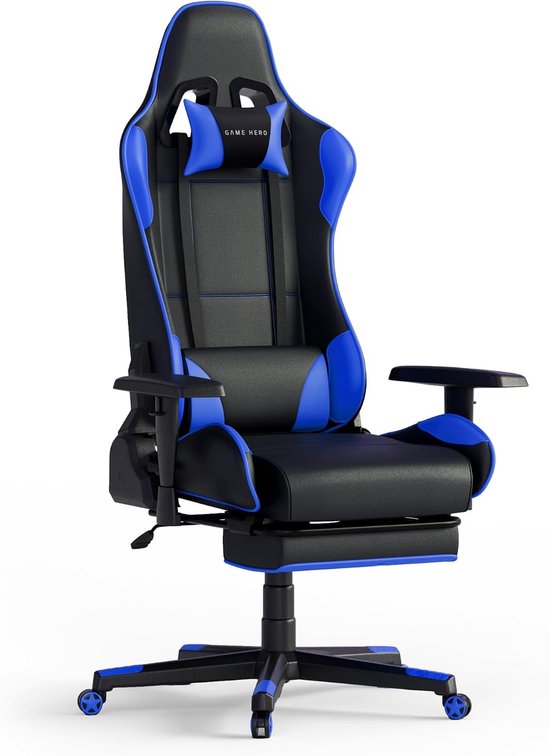 SnelShoppen - GAME HERO Winner X1 Gaming Stoel - Ergonomische Gaming Chair met Voetsteun, Verstelbare Rugleuning & Armleuningen - PU Leer, Blauw, Maxi