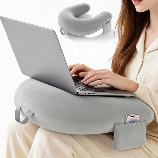 SnelShoppen - Gaming Kussen & Leespad met Zijvakjes: Schoss Bureau Kussen voor Volwassenen, Zachte Sponge Gaming Leespad voor Bed/Couch/Vloer (Grijs)