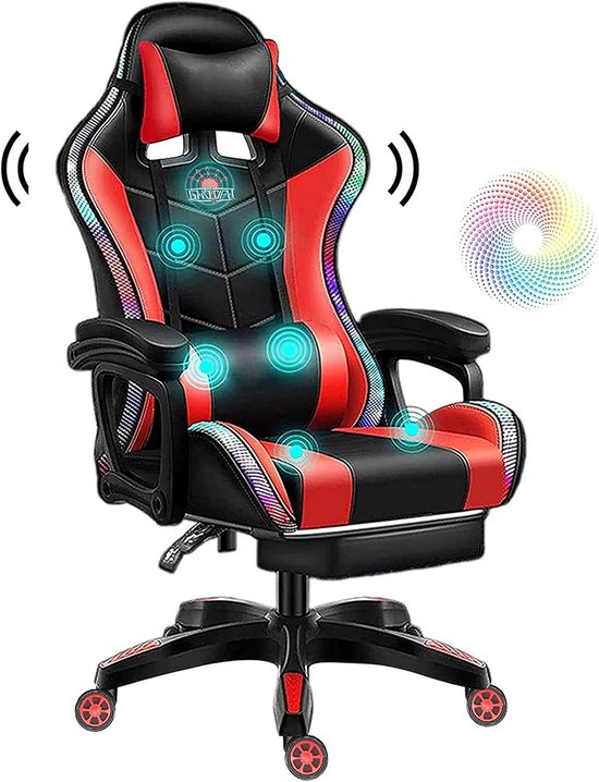 SnelShoppen - Gaming Stoel met LED Verlichting - Ergonomische Kantoorstoel met 7-Punts Massage - Computerstoel van PU Leer met Speakers, Lendensteun,