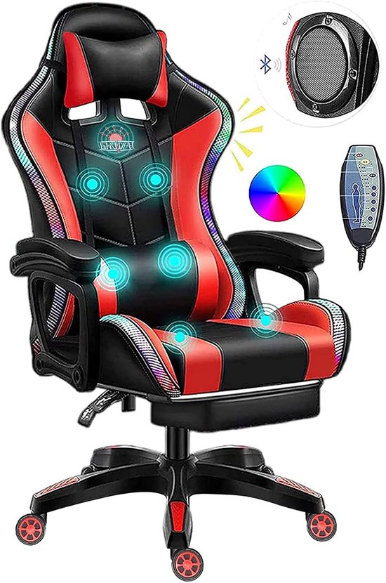 SnelShoppen - Gaming Stoel met LED Verlichting, Videogame Stoel met Massage en Voetsteun, Bluetooth Speakers, Verstelbare Armleuningen, PU Leer PC Com