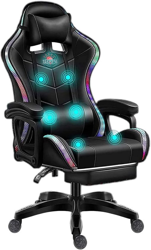 SnelShoppen - Gaming Stoel met LED Verlichting, Videogame Stoel met Massage en Voetsteun, Bluetooth Speakers, Verstelbare Armleuningen, PU Leer, Zwart