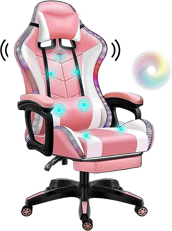 SnelShoppen - Gaming Stoel met RGB LED Verlichting en Speakers, Massage Computerstoel Ergonomische Racing Bureau Stoel PU Leer Recliner Draaibaar E-sp