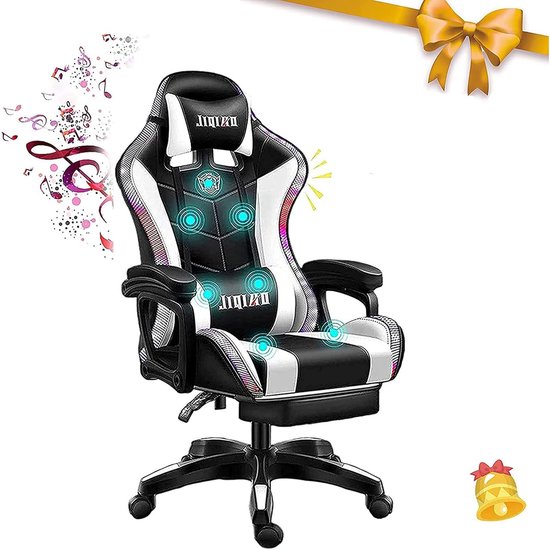 SnelShoppen - Gaming Stoel met Speakers en LED Verlichting, Massagefunctie, Verstelbare Hoogte, Computer Bureau Racing Stoel met Verstelbare Voetsteun