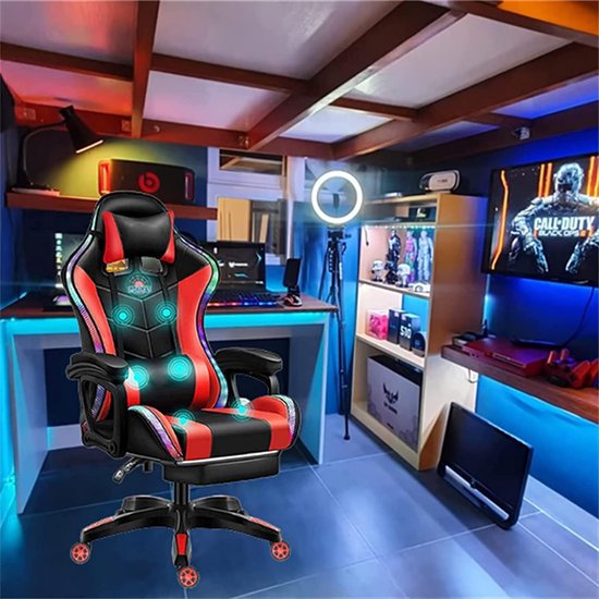 SnelShoppen - Gaming Stoel met Speakers en LED Verlichting, Video Stoel met 7-Punts Massage en Voetsteun Ergonomische PU Leer Bureaustoel Hoge Rugleun
