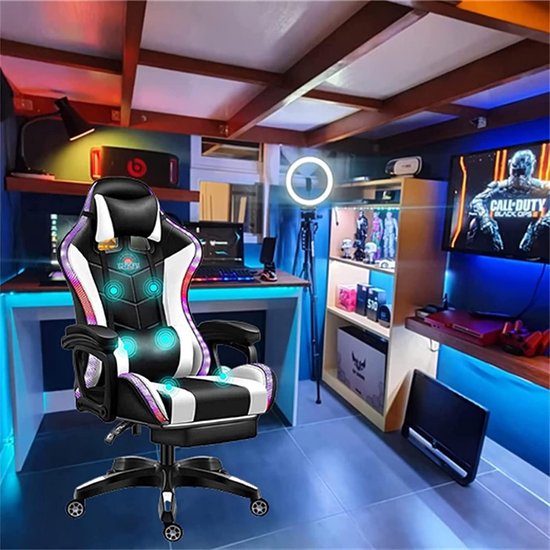 SnelShoppen - Gaming Stoel met Speakers en LED Verlichting, Videostoel met 7-Punt Massage en Voetsteun Ergonomische PU Leer Bureaustoel Hoge Rug voor