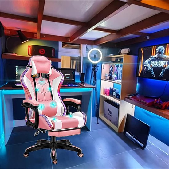 SnelShoppen - Gaming Stoel met Speakers en LED Verlichting, Videostoel met 7-Punts Massage en Voetsteun Ergonomische PU Leren Bureau Stoel Hoge Rugleu