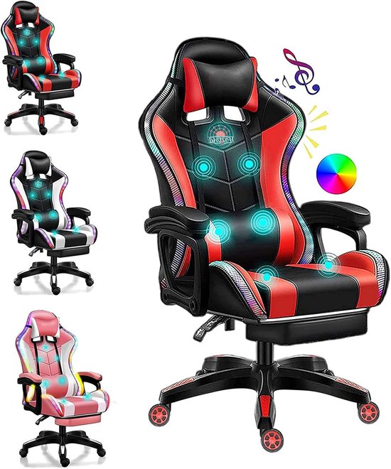 SnelShoppen - Gaming Stoel met Speakers, LED Gaming Stoel, Ergonomische Massage Gaming Stoel met Lendensteun, Bluetooth Speakers, Verstelbare Rugleuni