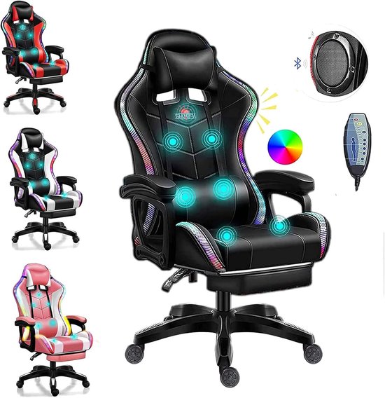 SnelShoppen - Gaming Stoel met Speakers, LED Gaming Stoel, Ergonomische Pro Volledige Massage Gaming Stoel met Lendensteun, Bluetooth Speakers, Verste