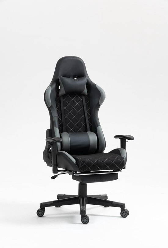 SnelShoppen - Gaming Stoel met Voetsteun - Ergonomische Bureau Chair - Zwart/Grijs - Comfortabele Gamingstoel voor Thuis en Kantoor - Gaming Chair met