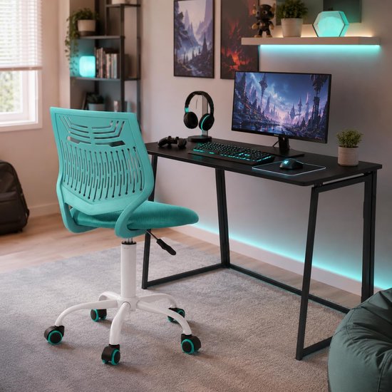 SnelShoppen - Gaming stoel voor kinderen, ergonomisch bureaustoel met zithoogteverstelling, mouwloos design, rubberen wielen, turquoise F voor gamers