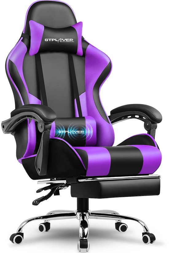SnelShoppen - Gamingstoel Ergonomisch Bureaustoel met Massagesteun - PC Stoel met Voetensteun en Hoofdsteun - Paars Kunstleer voor Thuis en Kantoor