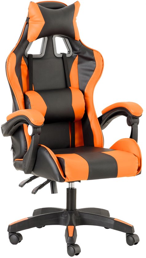 SnelShoppen - Gamingstoel Ergonomisch Bureaustoel met Verstelbare Rugleuning, Hoofdsteun en Lendensteun, Oranje voor Thuis, Kantoor en Gaming