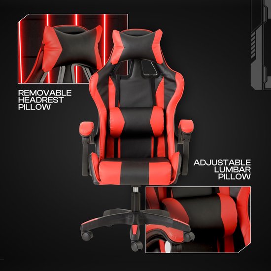 SnelShoppen - Gamingstoel Ergonomisch Rood en Zwart, Verstelbare Rugleuning van 90° tot 120°, Hoofdsteun, Armleuningen, Lendensteun, 360° Rotatie
