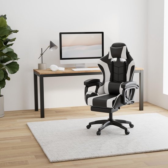 SnelShoppen - Gamingstoel Ergonomische Computer Stoel met Draaibare Functie, Verstelbare Liggende Voetensteun en Kussen in Wit - Ideaal voor Thuis en
