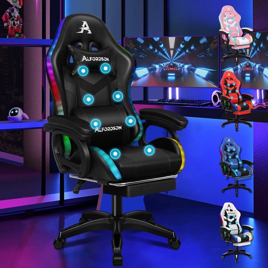 SnelShoppen - Gamingstoel met 8-punts massage, 12 kleuren RGB LED-verlichting, ergonomische bureaustoel met voetensteun, hoofdsteun en lendensteun - P