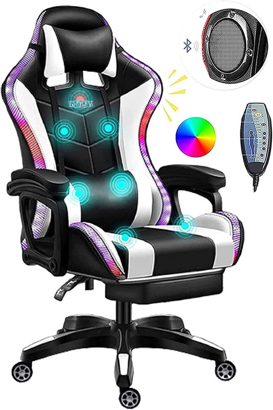 SnelShoppen - Gamingstoel met LED-verlichting en massagefunctie, Videogamingstoel met Bluetooth-luidsprekers, Verstelbare armleuning, PU-leer, Rugleun