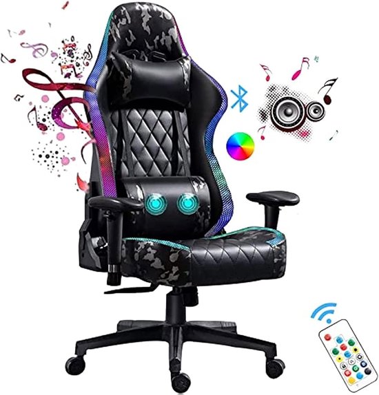 SnelShoppen - Gamingstoel met LED verlichting, ergonomische racestoel met hoge rugleuning, verstelbare armleuningen en massagekussen voor lendensteun,